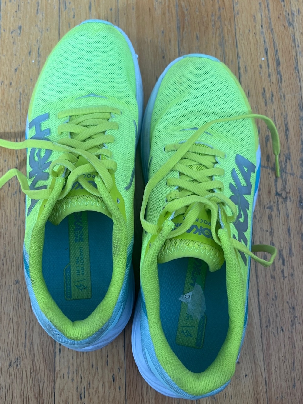Hoka Bright Yellow Mesh Running Shoes with Teal Insoles